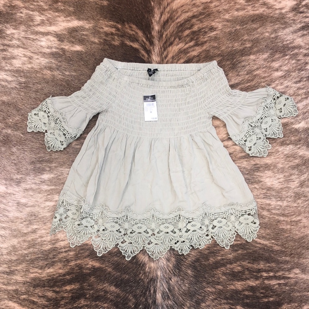 Rue 21 Size Medium Sage Green Off The Shoulder Stretchy Blouse w/ Crochet Accent
